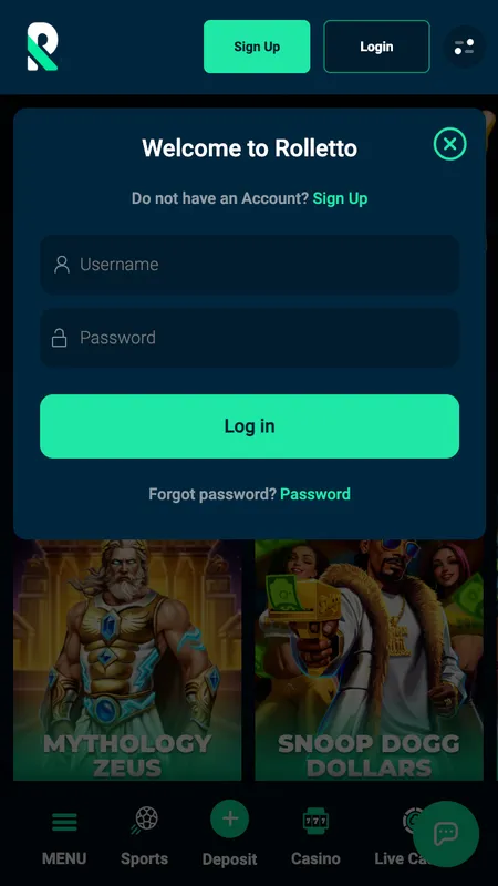 Rolletto login screen on mobile browser