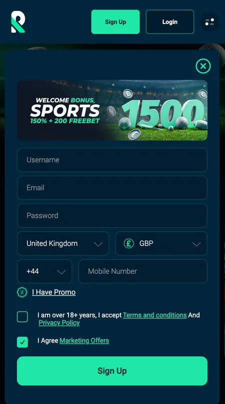 Rolletto mobile registration form first step